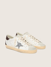 Golden Goose Super-Star Donna con stella argento e talloncino in glitter marroni
