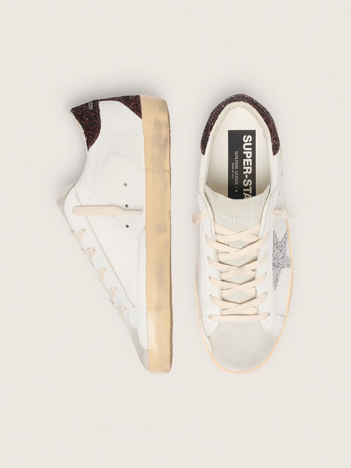 Golden Goose Super-Star Donna con stella argento e talloncino in glitter marroni