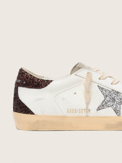 Golden Goose Super-Star Donna con stella argento e talloncino in glitter marroni