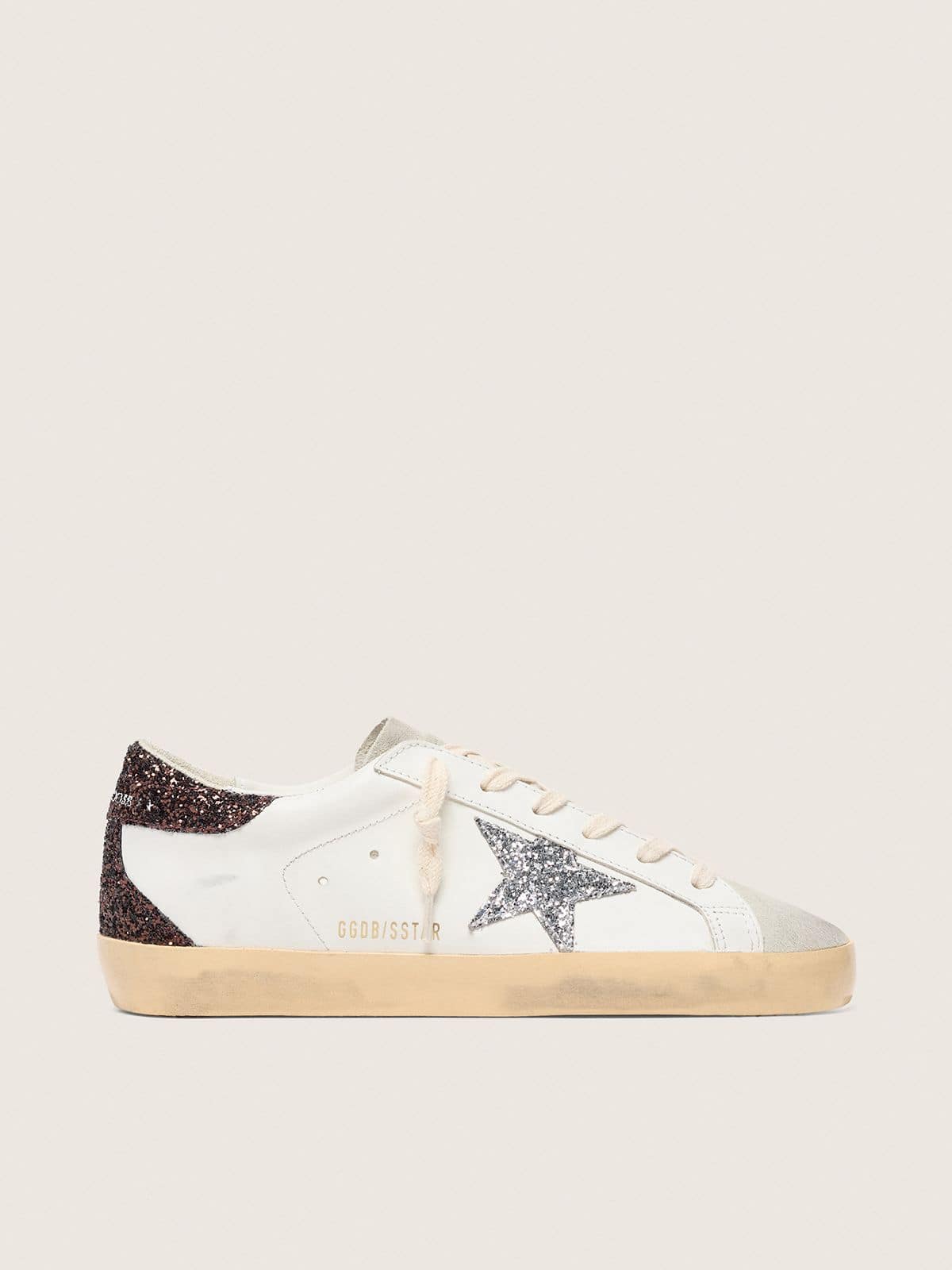 Golden Goose Super-Star Donna con stella argento e talloncino in glitter marroni