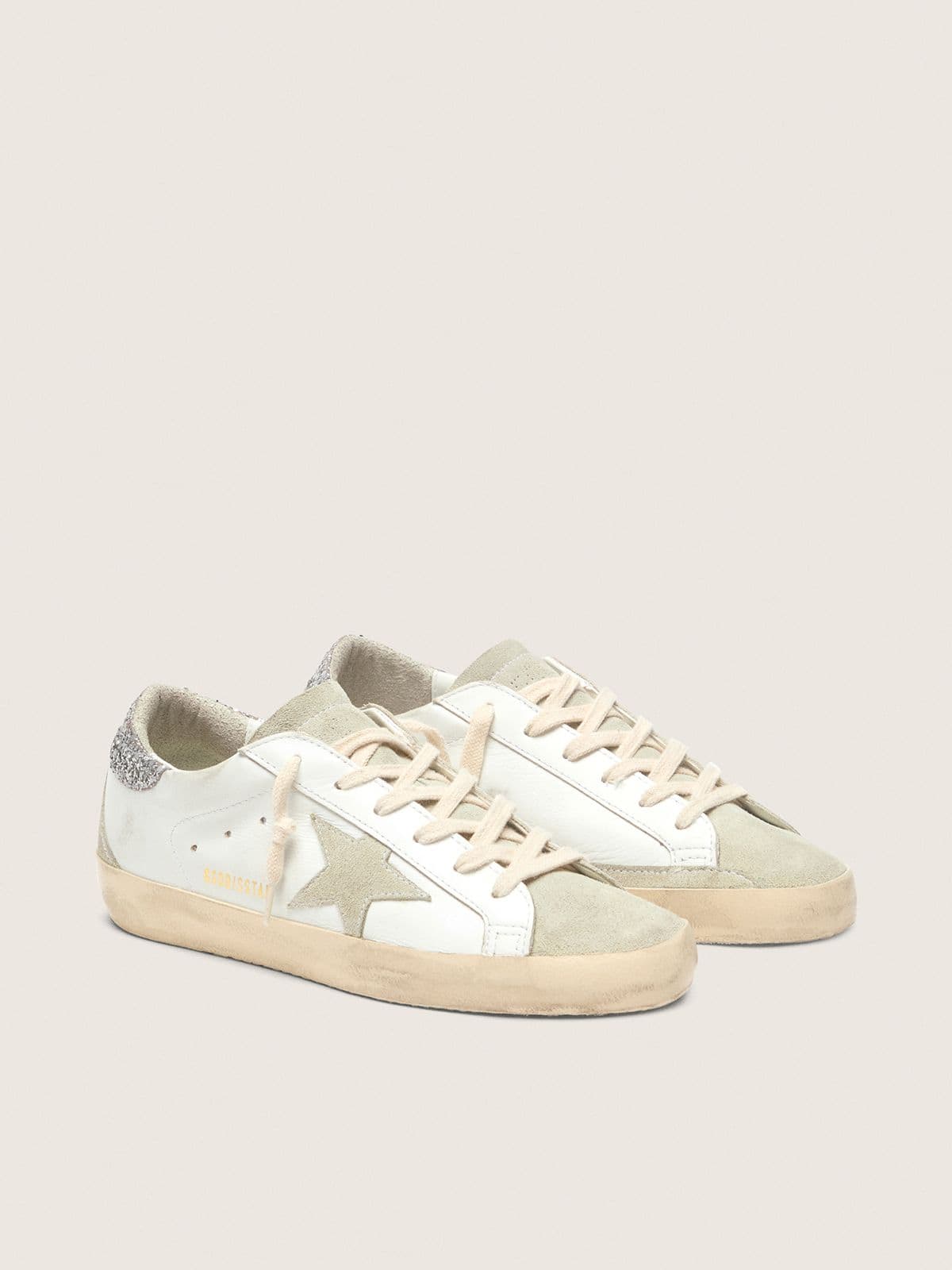 Golden Goose Super-Star Donna con stella grigia e talloncino in glitter argento
