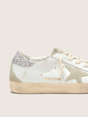 Golden Goose Super-Star Donna con stella grigia e talloncino in glitter argento