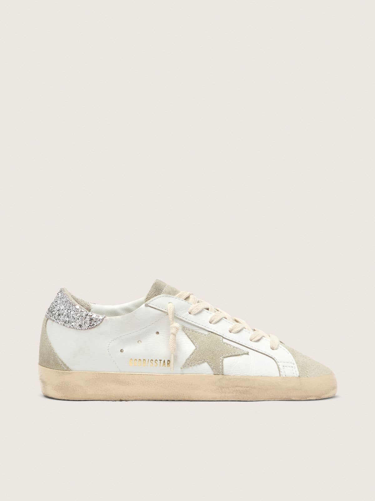 Golden Goose Super-Star Donna con stella grigia e talloncino in glitter argento