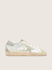 Golden Goose Super-Star Donna con stella grigia e talloncino in glitter argento