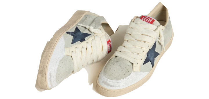 Golden Goose Ball Star Uomo in suede grigio con stella in nabuk blu e talloncino in pelle laminata
