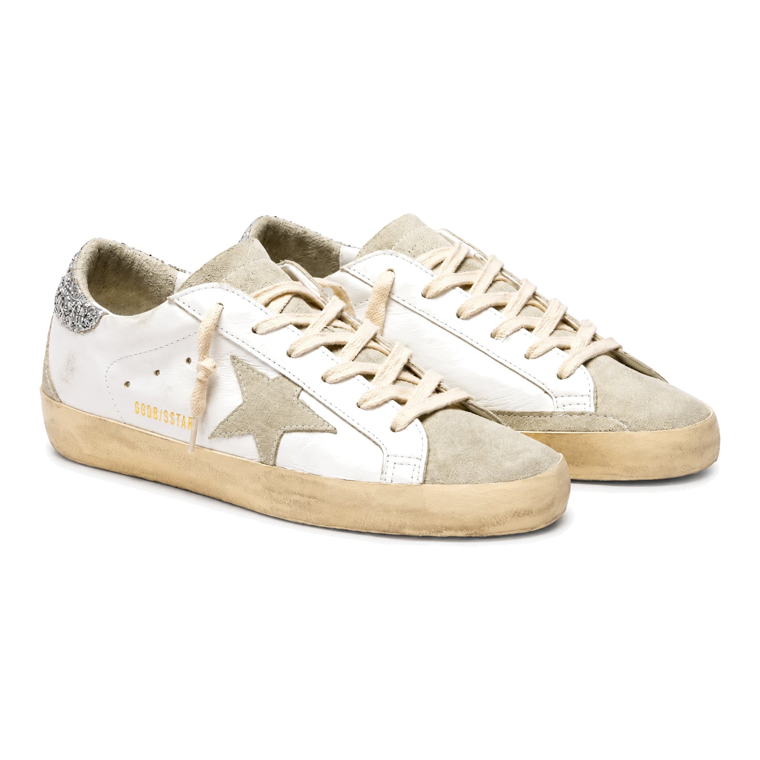 Golden Goose Super-Star Donna con stella grigia e talloncino in glitter argento